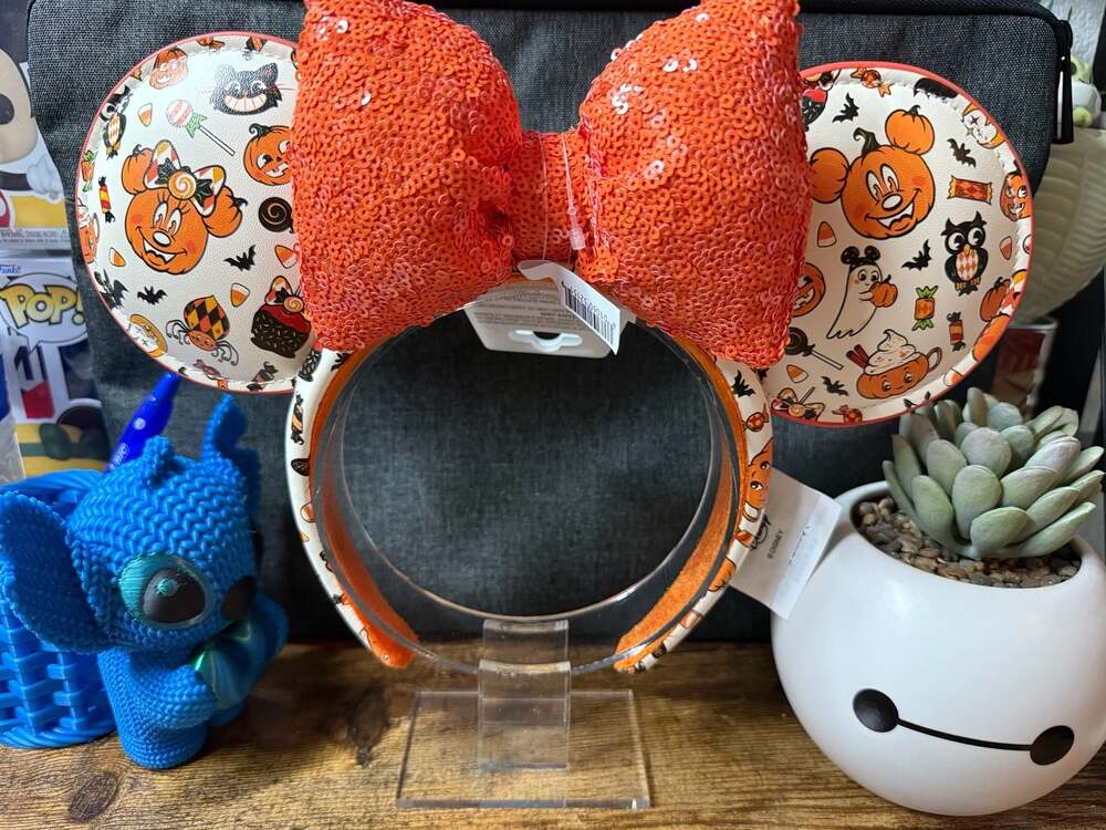 NWT Disney Parks Halloween Ears Headband with Orange Sequins and Snacks Print